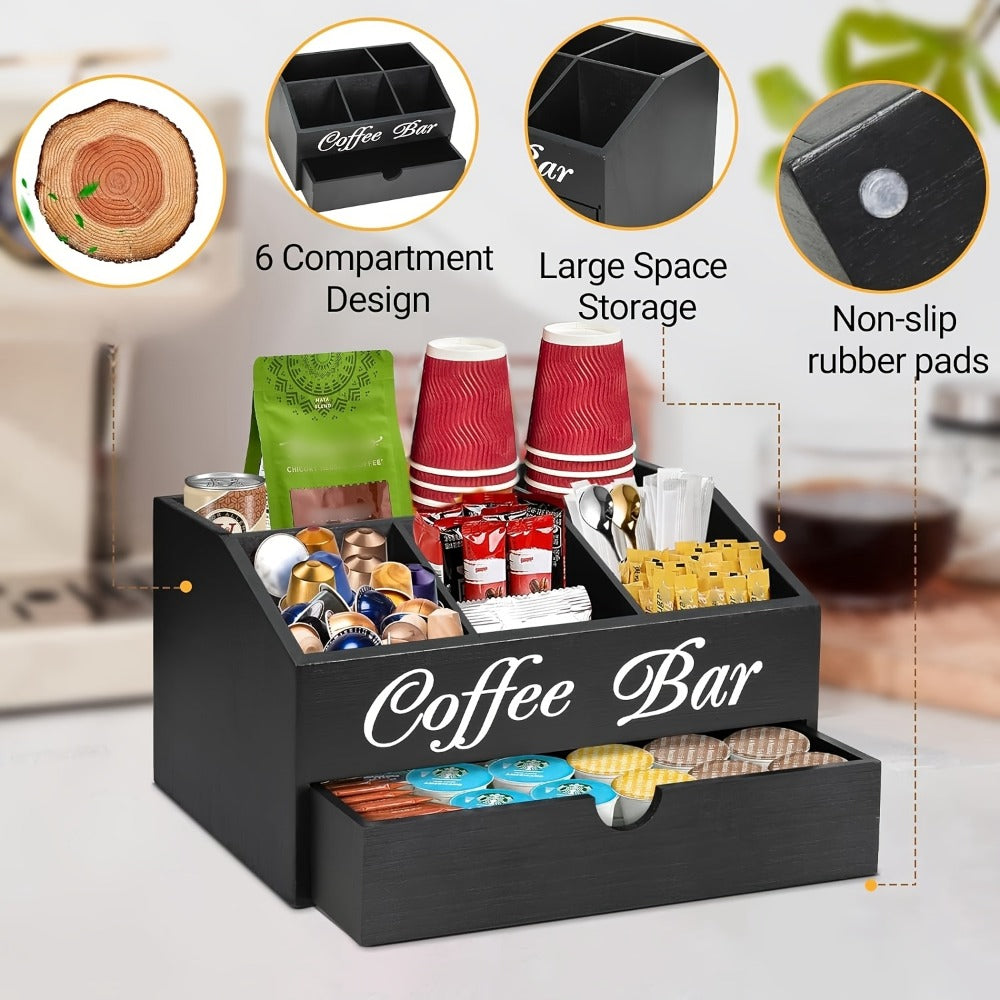 Coffee Bar Station Kitchen Organizer Wood Countertop Rack with Five Compartments and One Drawer