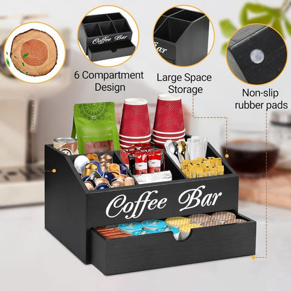 Coffee Bar Station Kitchen Organizer Wood Countertop Rack with Five Compartments and One Drawer