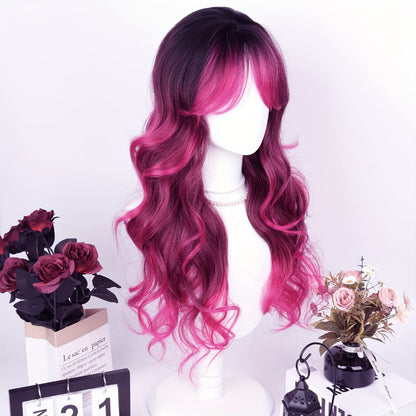 Synthetic Wig 28-Inch Rose-Red Gradient Waves with Air Bangs, 150% Density and Rose Net Cap
