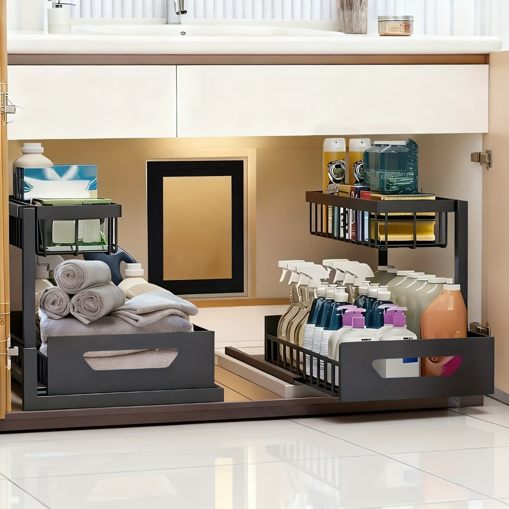 Two-Tier Pull-Out Cabinet Organizer with Upper and Lower Sliding Trays in Grey, Black or White Package Options