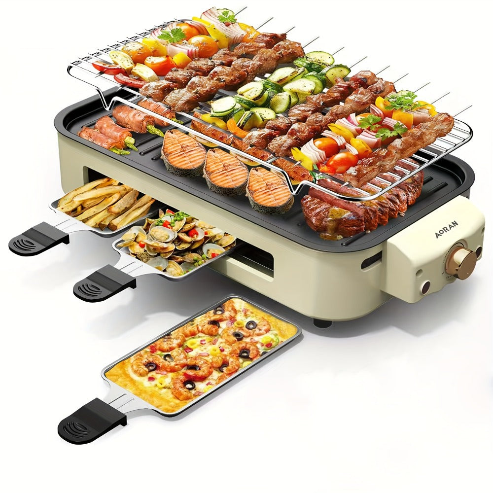 Electric BBQ Grill Indoor, 1500W Smokeless Tabletop Grill with Removable Frying Pan, Waffle Maker & Non-Stick Stainless Steel Plates