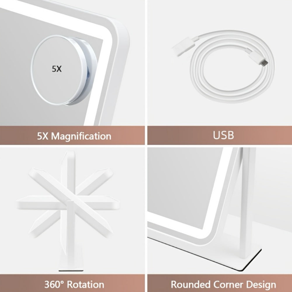 Makeup Mirror Rectangular LED Vanity Stand with 5X Detail Mirror, Three Light Colors, Touch Dimming and 360° Rotation