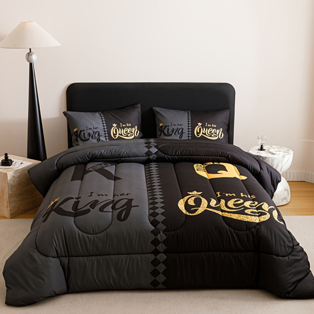 King and Queen Crown Print Comforter Set in Black or Red with Twin, Full, Queen and King Sizes