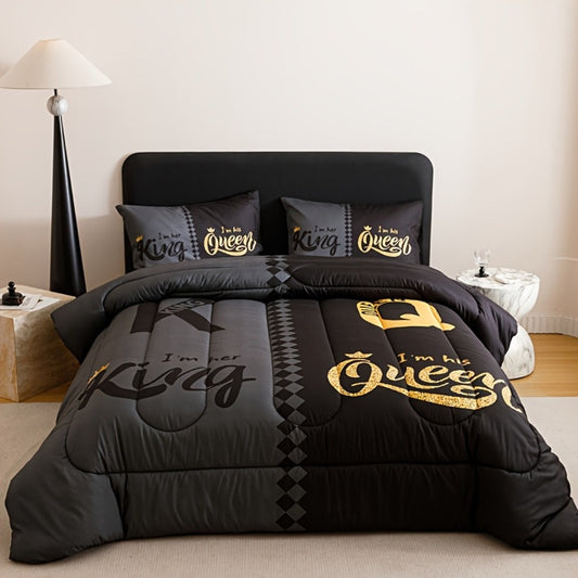 Comforter Set 3-Piece – Soft Breathable Quilt with 2 Pillowcases, Black Grey Color Block Crown Letter Print, Twin Full Queen King, 180GSM Bedroom Bedding Set