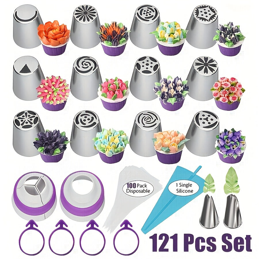 Russian Piping Nozzle Set 121pcs, 12 Flower Icing Tips, 2 Leaf Piping Tips, 2 Couplers and 100 Piping Bags