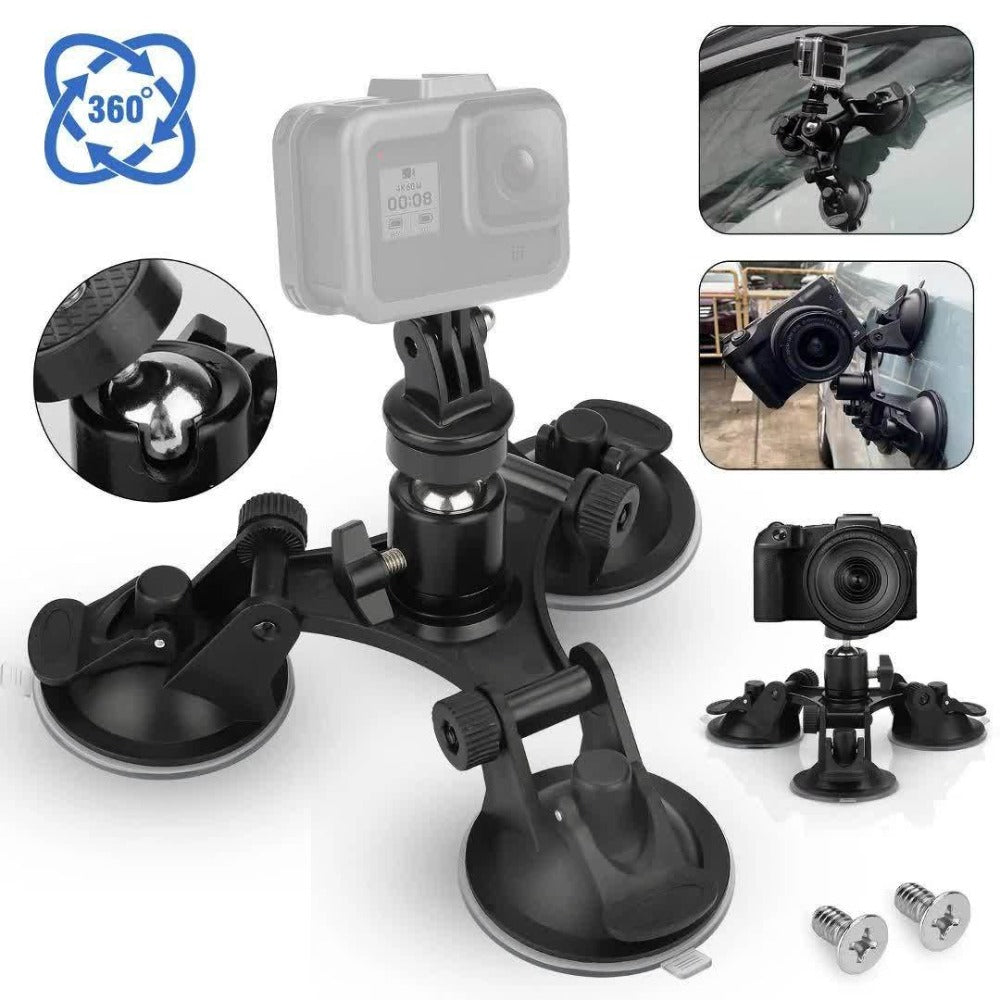 Three-Base Suction Cup Camera Mount with 360-Degree Ball Head and Quick-Release Holder for Camera Setups