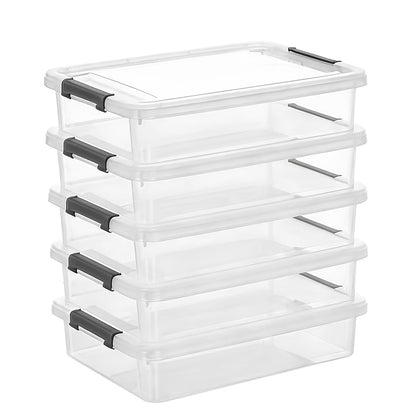 Five-Piece Clear Storage Box Set with Latching Lids, Stackable Low-Profile Design and 13.58-Inch Length