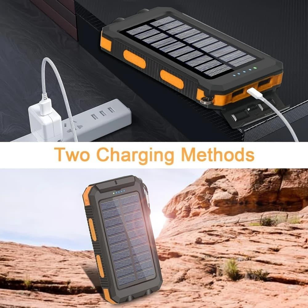 Solar Power Bank, 50000mAh Dual-USB Charger with Solar Panel, Dual LED Flashlights, Compass and Four Colors