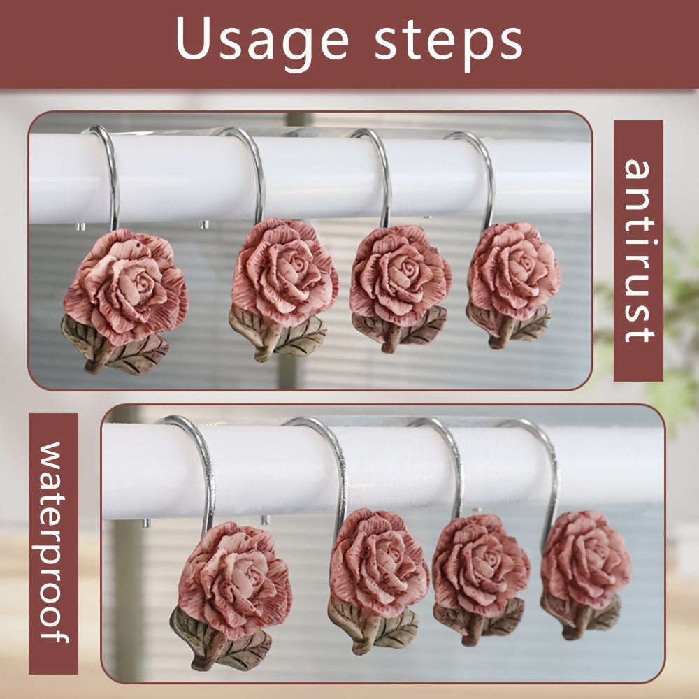 12-Piece Rose Shower Curtain Hook Set with Sculpted Pink Floral Decorations and Silver-Tone Rings