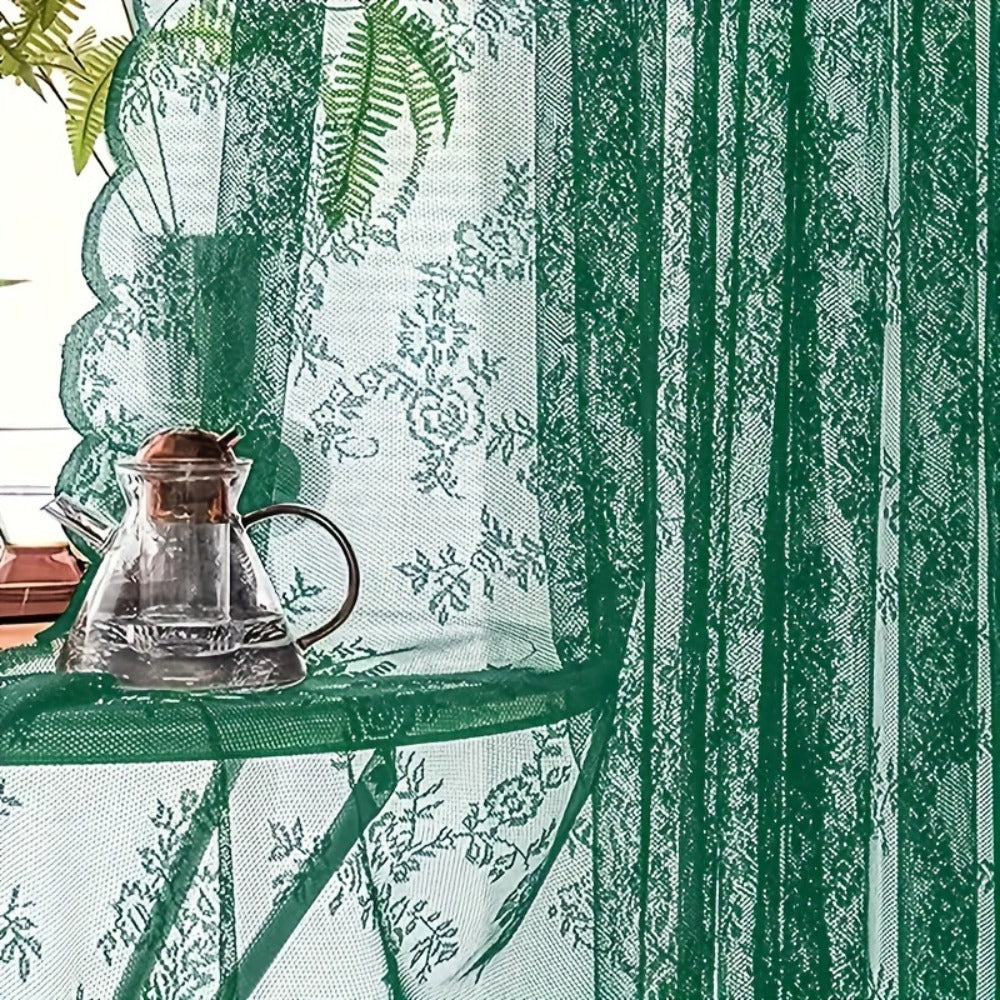 Two-Panel Floral Lace Window Curtain Set with Rod-Pocket Top, Three Colors and Six Metric Size Options