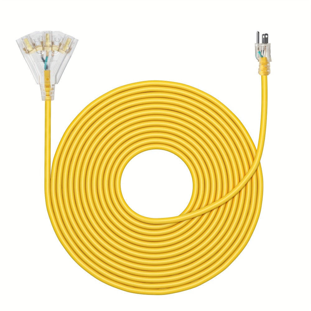 Yellow 25-Foot 14/3 Extension Cord with Three-Outlet Lighted Tri-Tap, 15A 125V and 1875W Label
