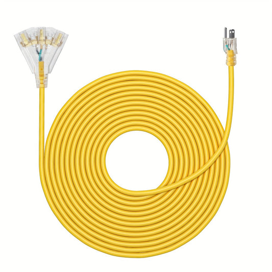 Extension Cord 25FT Heavy Duty Outdoor Indoor 14/3 SJTW Yellow 3-Outlet Tri-Tap Splitter with LED Lighted Plug 15A 1875W Grounded Power Cord for Workshop Garage Job Site Construction