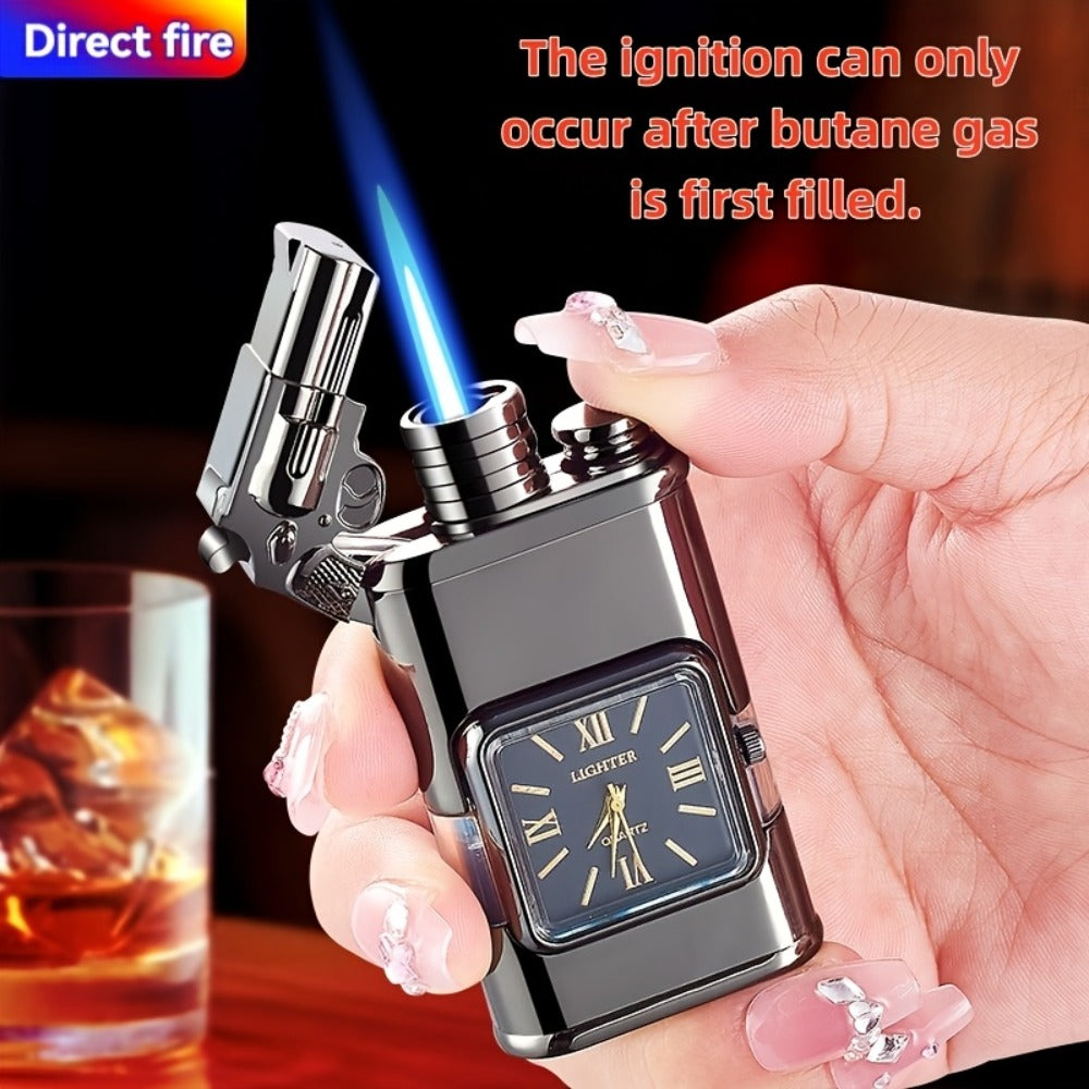 Double Flame Windproof Lighter Creative Retro Metal Lighter Dragon Eagle Gun Shape Quartz Dial Portable Outdoor Lighter Men Gift Box Butane Gas Not Included