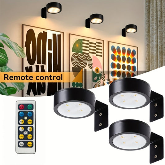 Battery Operated Picture Lights 3-Pack, Magnetic Painting Light with Remote & Timer, 3 Lighting Modes Dimmable Wireless Wall Puck Lights for Art Frames Portraits – Black