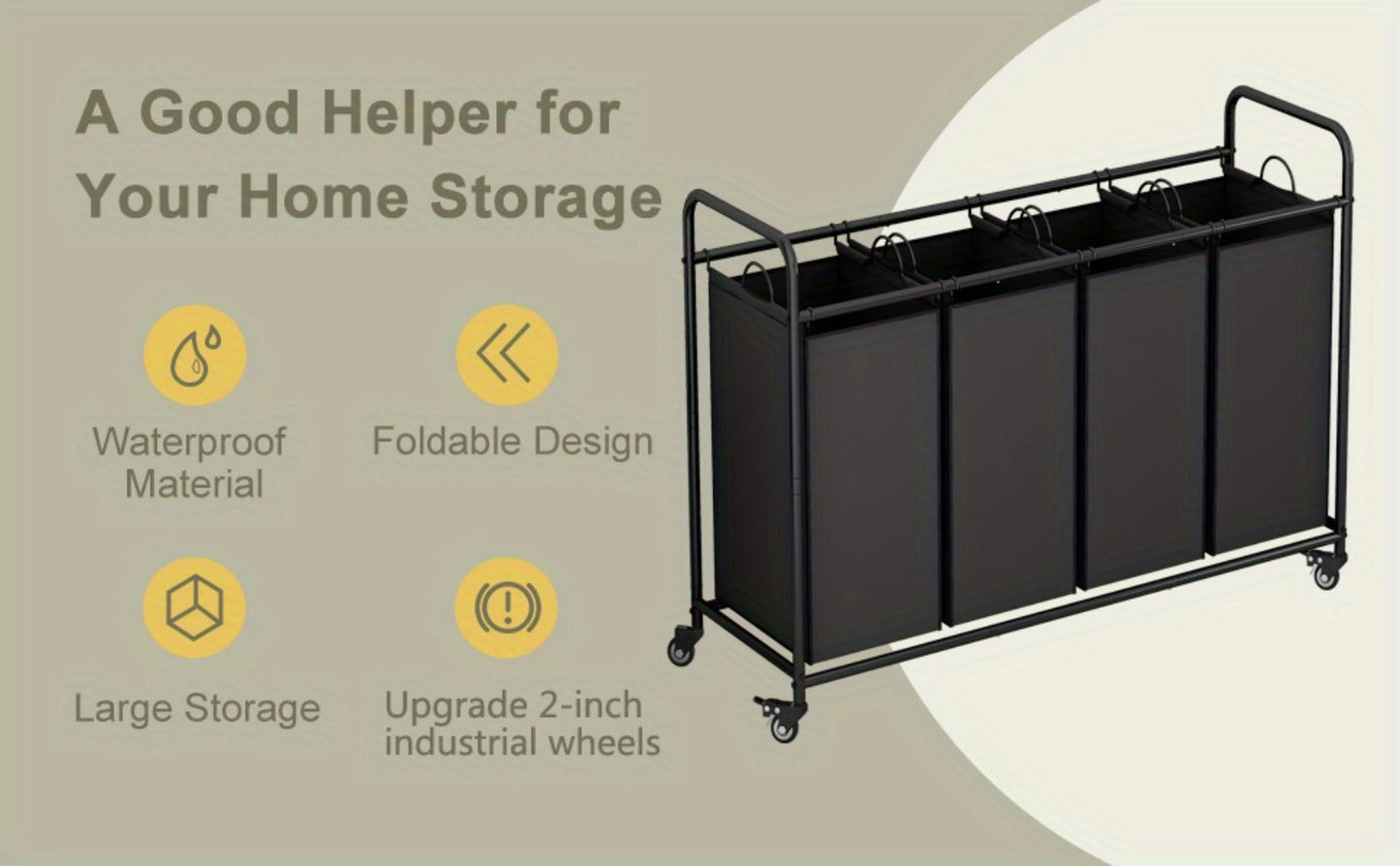 Laundry Hamper Cart with 4-Bag Sorter, Heavy-Duty Rolling Lockable Wheels & Removable Bags — Laundry Basket Organizer for Bedroom, Bathroom & Laundry Room | Beige, Gray, Black, Assorted