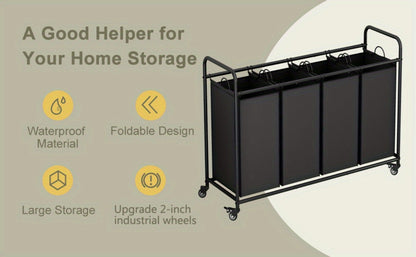Laundry Hamper Cart with 4-Bag Sorter, Heavy-Duty Rolling Lockable Wheels & Removable Bags — Laundry Basket Organizer for Bedroom, Bathroom & Laundry Room | Beige, Gray, Black, Assorted