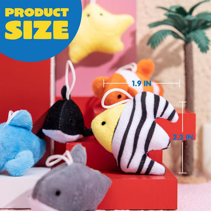 Twenty-Four Mini Sea-Animal Plush Keychains in Assorted Fish, Shark, Whale and Crab Designs