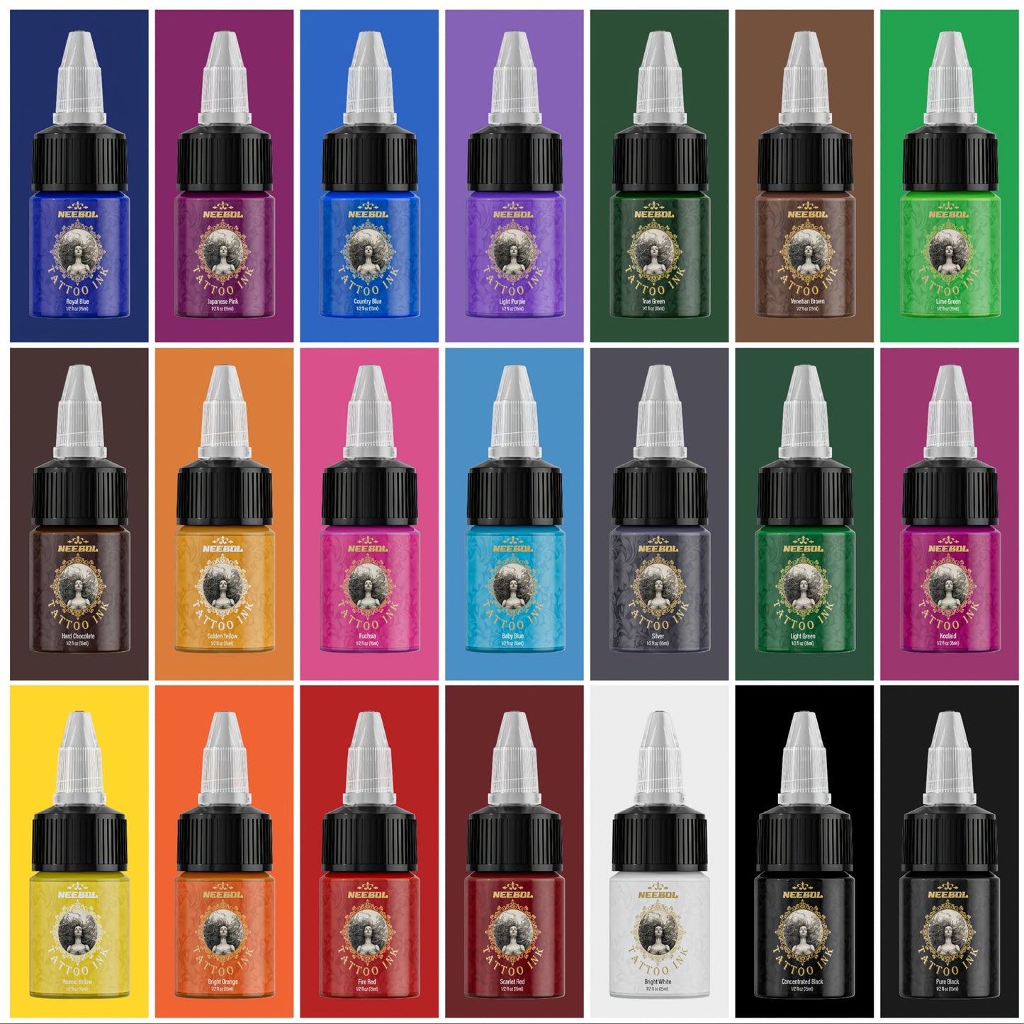 Tattoo Ink 14- or 21-Color Set with 0.5oz 15ml Bottles and Two Source Palette Choices for Color Selection