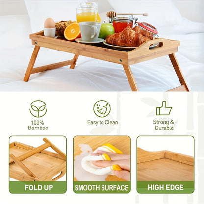Bamboo Breakfast Tray with Folding Legs & Handles 2 Pack – Extra Wide Foldable Bed Tray Table for Eating, Working & Drawing on Sofa or Bed, Food-Safe Natural Bamboo with 10 Paper Plates