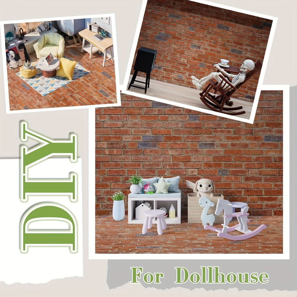 Red Brick Dollhouse Wallpaper and Flooring Set with 12 Peel-and-Stick Sheets for 1:12 Miniature Rooms