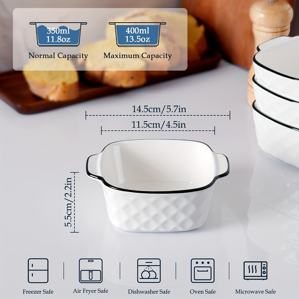 Ceramic Baking Dish Set 4-Piece, 13oz Small Square Ceramic Casserole Dishes with Handles, Diamond Design Oven & Microwave Safe Bakeware, 5.7x4.5x2.2 Inch Air Fryer Ceramic Dishes for Individual Servings