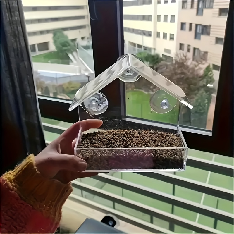 Clear Window-Mount Bird Feeder with Suction Cups, Roofed Seed Tray and Transparent Single Checkout