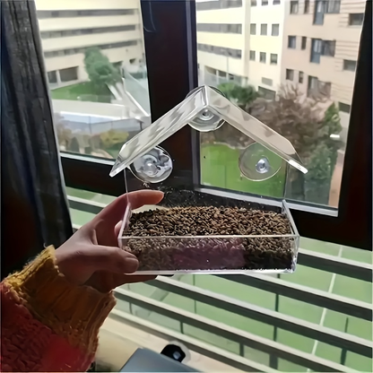 Clear Window-Mount Bird Feeder with Suction Cups, Roofed Seed Tray and Transparent Single Checkout