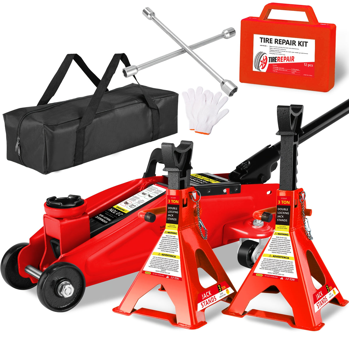 Hydraulic Floor Jack Kit 2/2.5/3 Ton Low Profile Trolley Jack with Jack Stands, Tire Repair Kit, Wheel Wrench & Wheel Chock Combo - Red/Blue