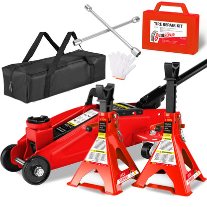 Hydraulic Floor Jack Kit 2/2.5/3 Ton Low Profile Trolley Jack with Jack Stands, Tire Repair Kit, Wheel Wrench & Wheel Chock Combo - Red/Blue