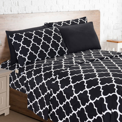 Bed Sheet Set 6-Piece Geometric Trellis, Ultra Soft Microfiber Sheets with 16-Inch Deep Pocket Fitted Sheet, Fade & Wrinkle Resistant, Machine Washable Hotel Quality Bedding for Twin Full Queen King