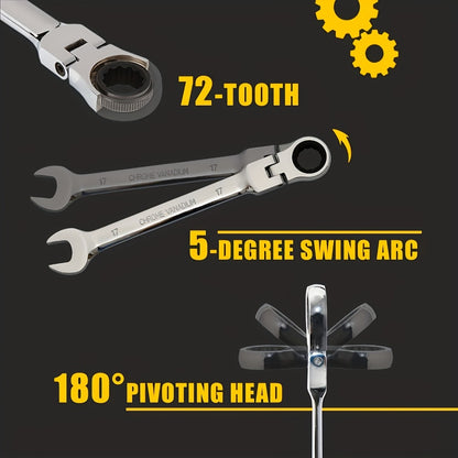 CR-V Flex Head Ratchet Wrench Set 5-Piece – 2-in-1 Reversible Open End & Hex Socket Dual-Purpose Kit | Automotive Engine Bay, Plumbing, DIY Workshop & Confined Space Repair