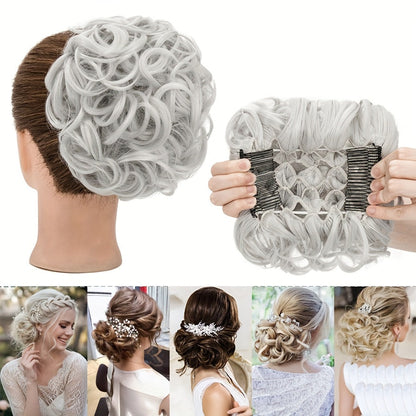 Six-Inch Curly Clip-In Hair Bun Extension with Comb and Scrunchie in Four Blended Color Options