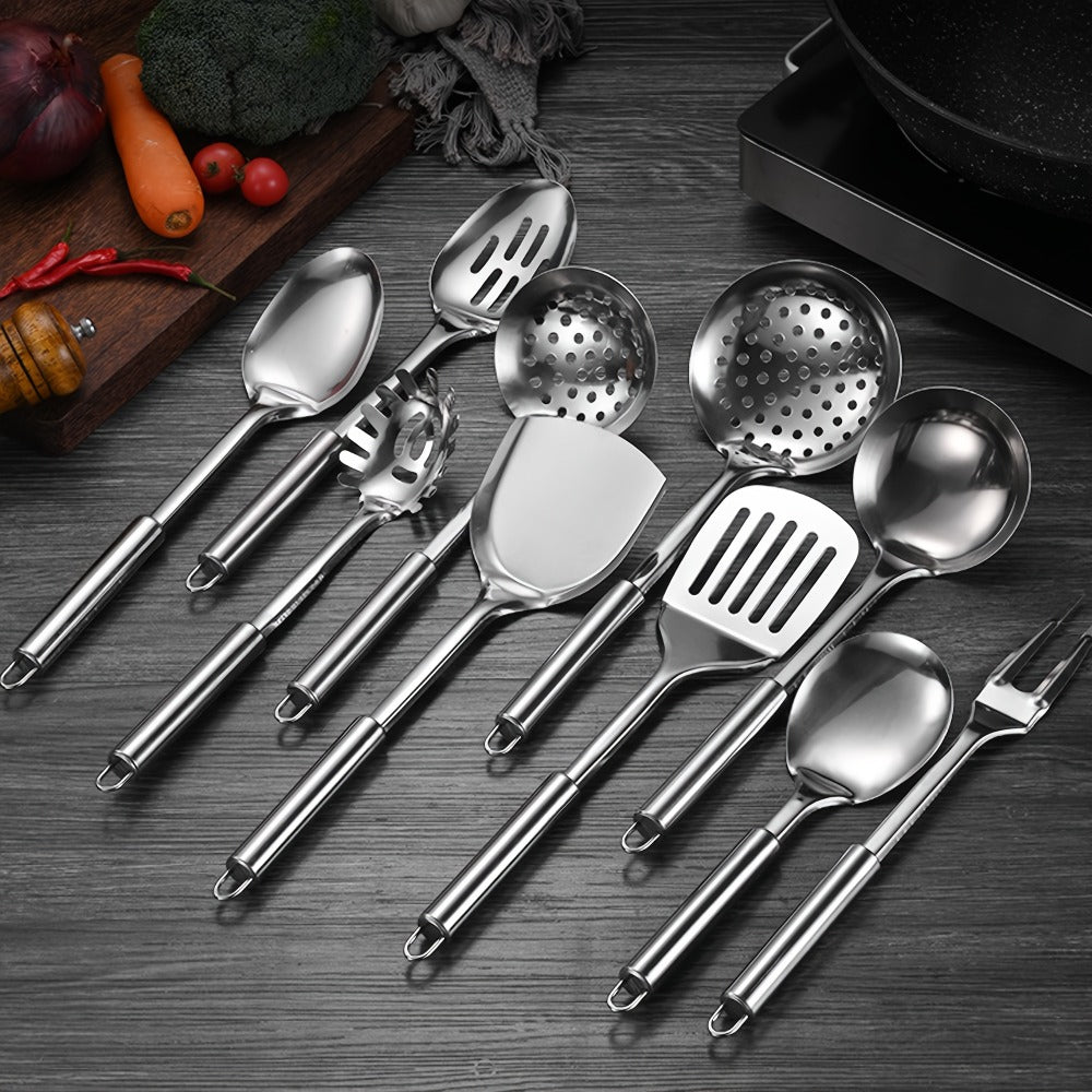 Stainless Steel Cooking Utensil Set 9 Piece for Nonstick Cookware – 304 Grade, Heat Resistant Ergonomic Handles, Dishwasher Safe, Space Saving Kitchen Tools with Hanging Holes for Home & Professional Chefs