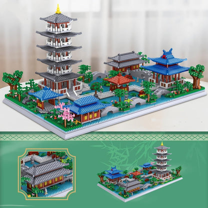 Hangzhou West Lake Architecture Building Block Model with 3,282 Pieces, Pagoda, Gardens and 11-Inch Base