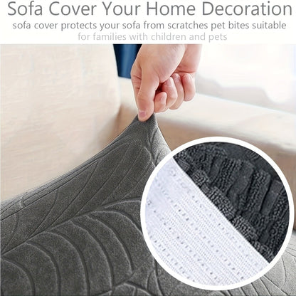 Sofa Cover Set, Six-Piece Leaf Jacquard Stretch Slipcover with Elastic-Band Edges in Eight Colors
