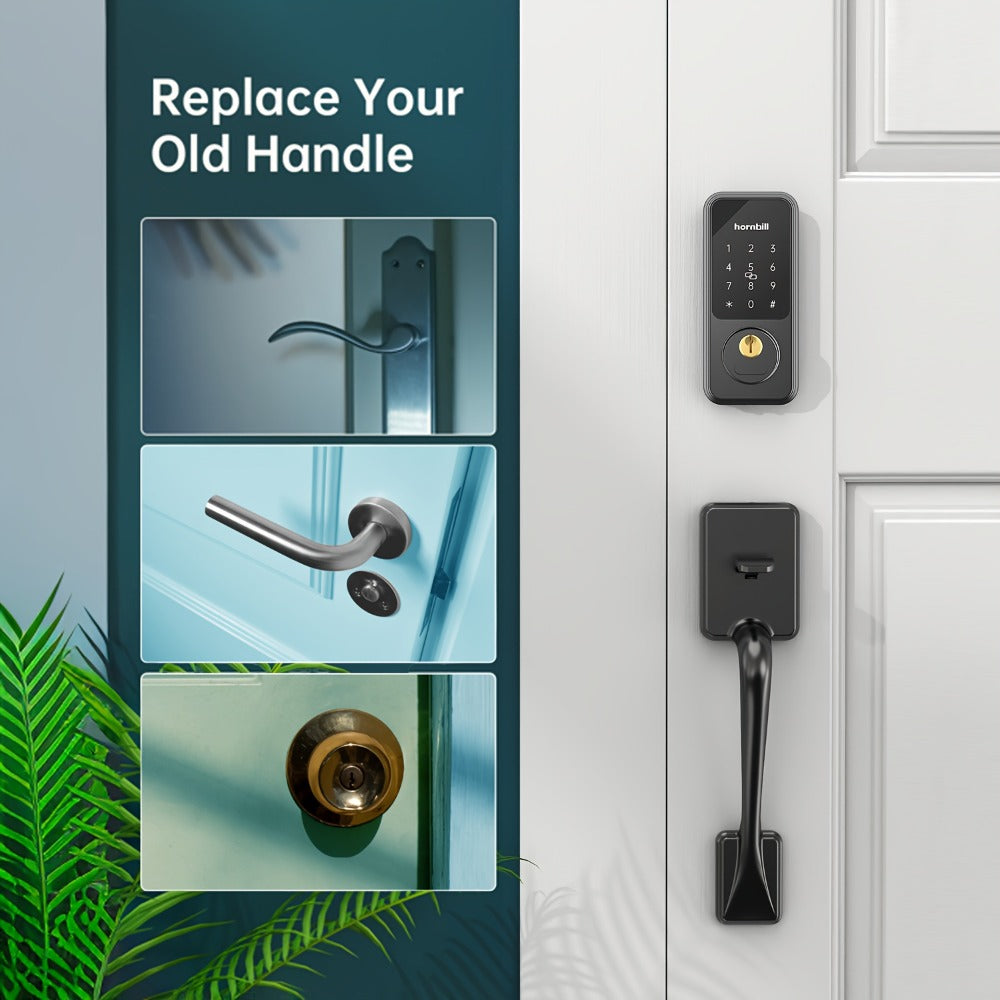 Hornbill Smart Door Lock Set with Handle - Alexa Compatible Keypad Deadbolt, Bluetooth App, Keyfob & Auto-Lock, Complete Keyless Entry Front Door Upgrade, Matte Black & Silver