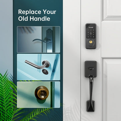 Hornbill Smart Door Lock Set with Handle - Alexa Compatible Keypad Deadbolt, Bluetooth App, Keyfob & Auto-Lock, Complete Keyless Entry Front Door Upgrade, Matte Black & Silver