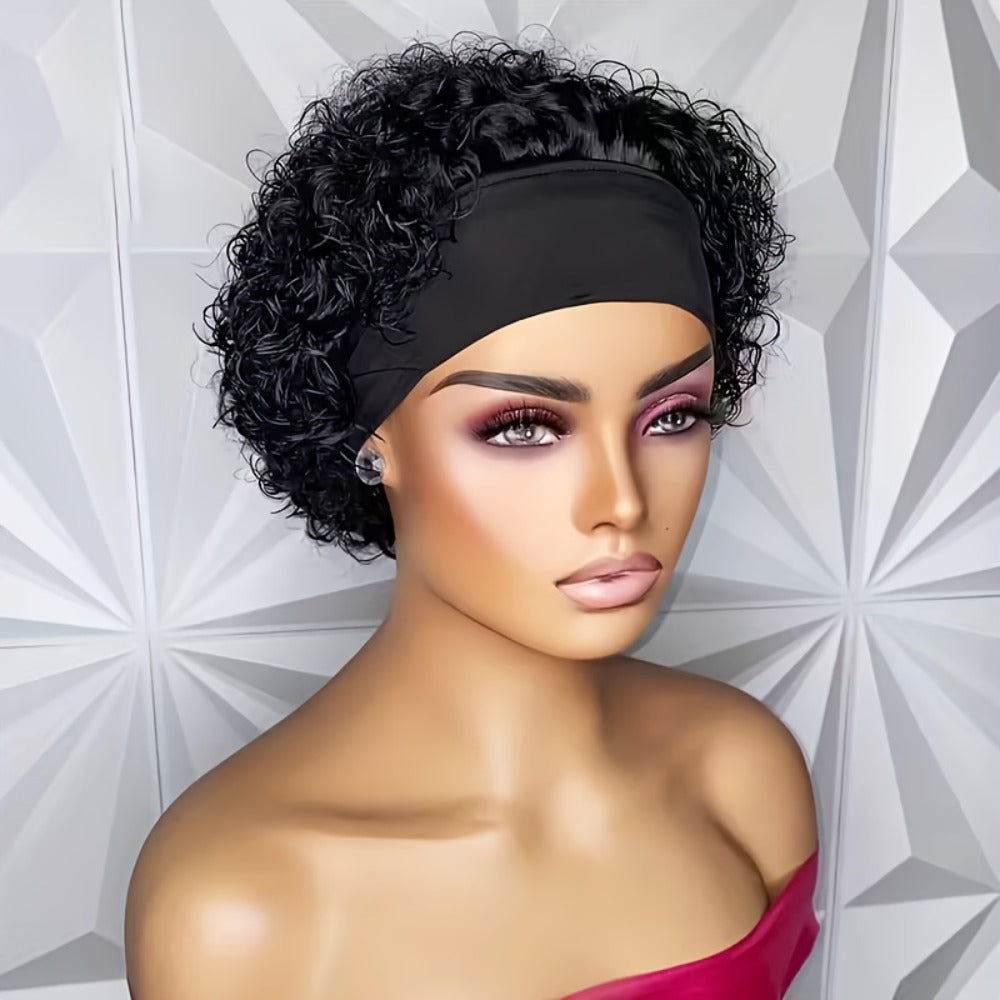 Six-Inch Kinky Curly Headband Wig with Glueless Band in Black, Burgundy or Rust Color Options