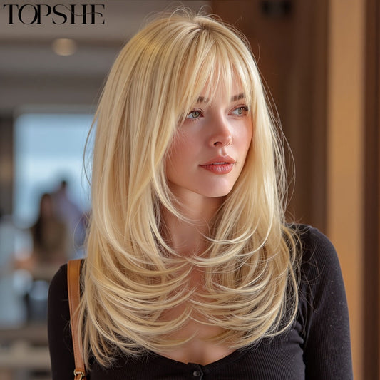 Golden Straight Wig with Bangs for Women 14 Inch Shoulder Length Layered Synthetic — Full Bangs High Temperature Silk Fiber Glueless Rose Net Cap for Daily Fashion Party