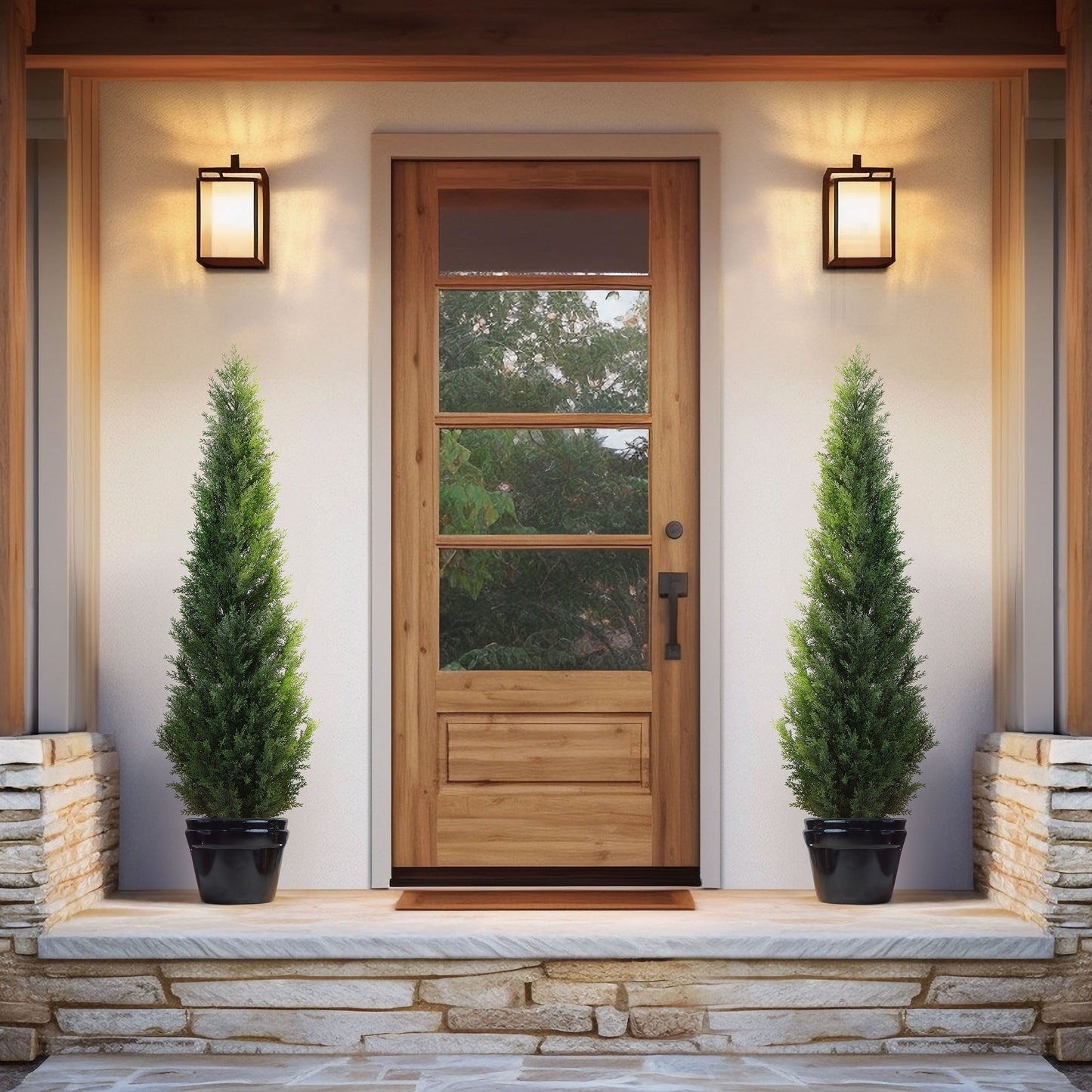 Artificial Cedar Topiary Tree with 3, 4 or 5 ft Height Options, Black Pot and Single or Two-Tree Sets