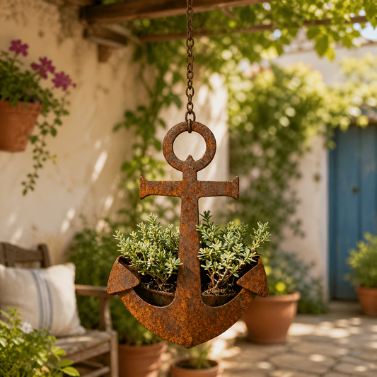 Metal Wall Hanging Planter - Rustic Anchor Plant Holder Nautical Garden Decor Iron Pot 2pcs
