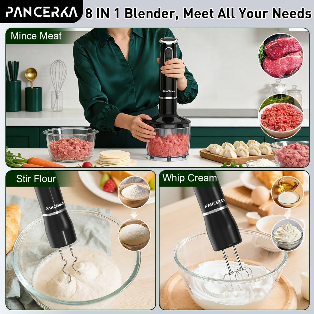 Black 8-in-1-Labeled Immersion Blender Set with 600ml Chopper, Dough Hooks, Whisk and Frother