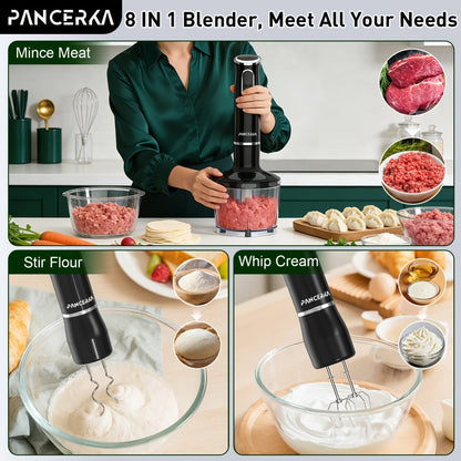 Black 8-in-1-Labeled Immersion Blender Set with 600ml Chopper, Dough Hooks, Whisk and Frother