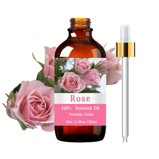 Essential Oil Rose 100ml Dropper Bottle with Floral Scent for Diffuser, Massage, Hair and Body Care