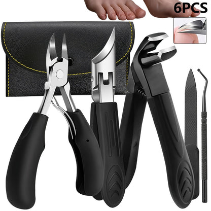 Wide-Jaw Nail Clipper Set, Six-Piece Black-Handle Kit with Curved, Slanted and Narrow Tools, Lifter, File and Storage Pouch