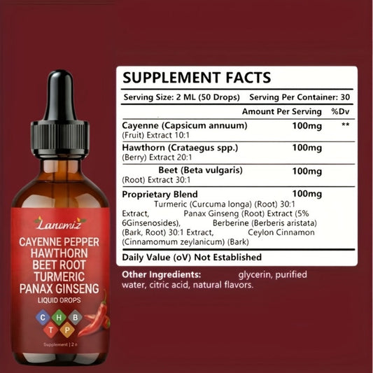 Cayenne Pepper Liquid Drops 2fl oz All-in-One Formula with Beet Root Turmeric Hawthorn Ginseng Ceylon Cinnamon - Daily Circulation Energy Heart Health Supplement Allergy-Friendly Unisex