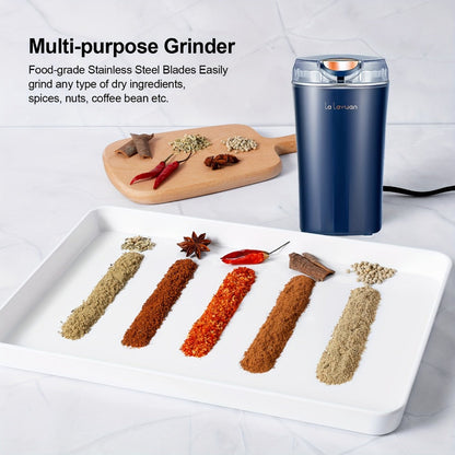 Electric Coffee Grinder 200W | Quiet Spice Grinder | 80g Large Capacity 12 Cups | 304 Stainless Steel Blade | One-Touch Operation | Grinds Coffee Beans Spices Nuts Grain | Blue Black