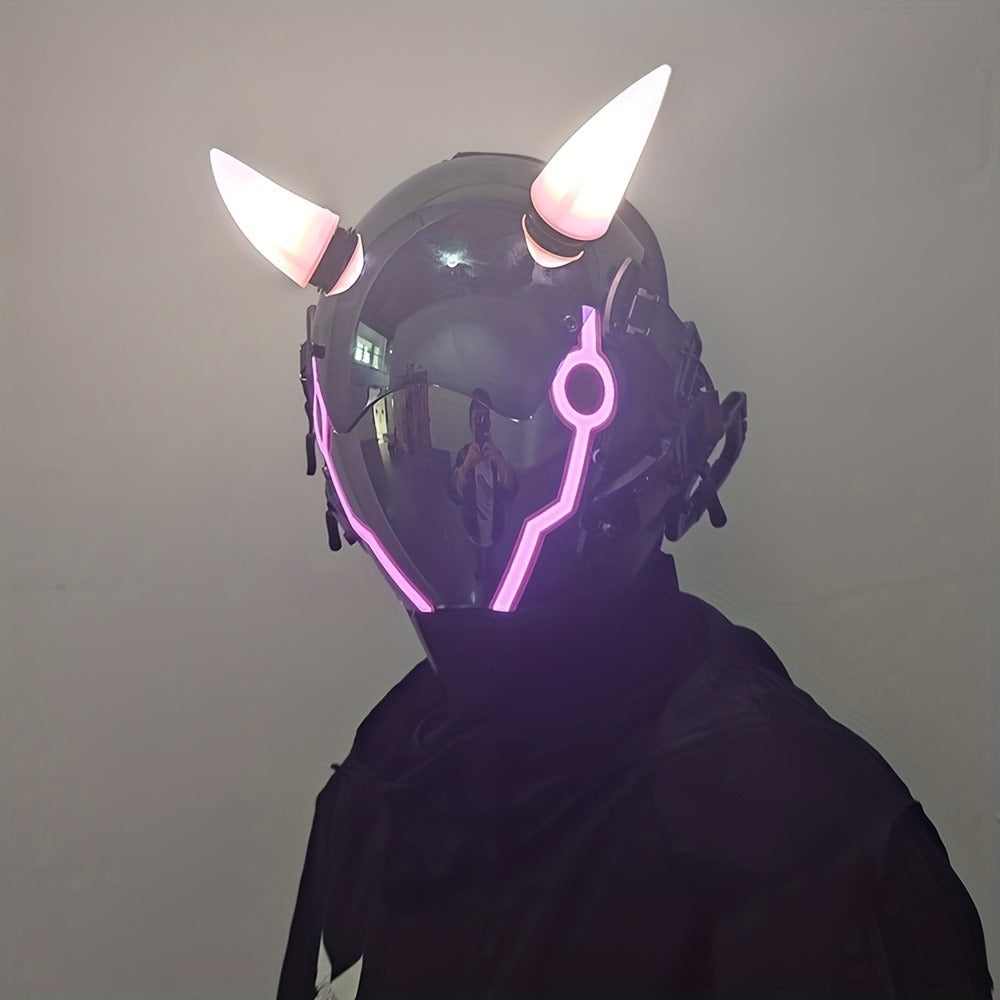 Pink LED Cyberpunk Costume Mask with Horned Full-Face Helmet, Reflective Visor and Lighted Accent Lines