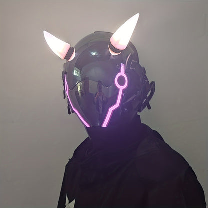 Pink LED Cyberpunk Costume Mask with Horned Full-Face Helmet, Reflective Visor and Lighted Accent Lines