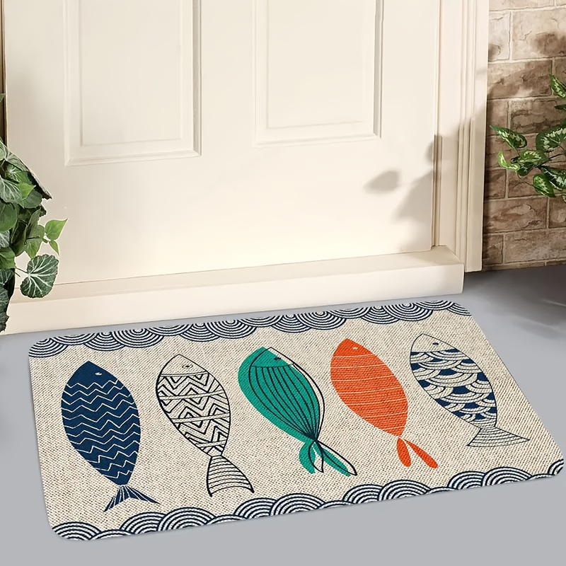 Colorful Fish Door Mat with Wave-Border Print, Flannel-Described Surface and 40 x 60cm or 50 x 80cm Sizes
